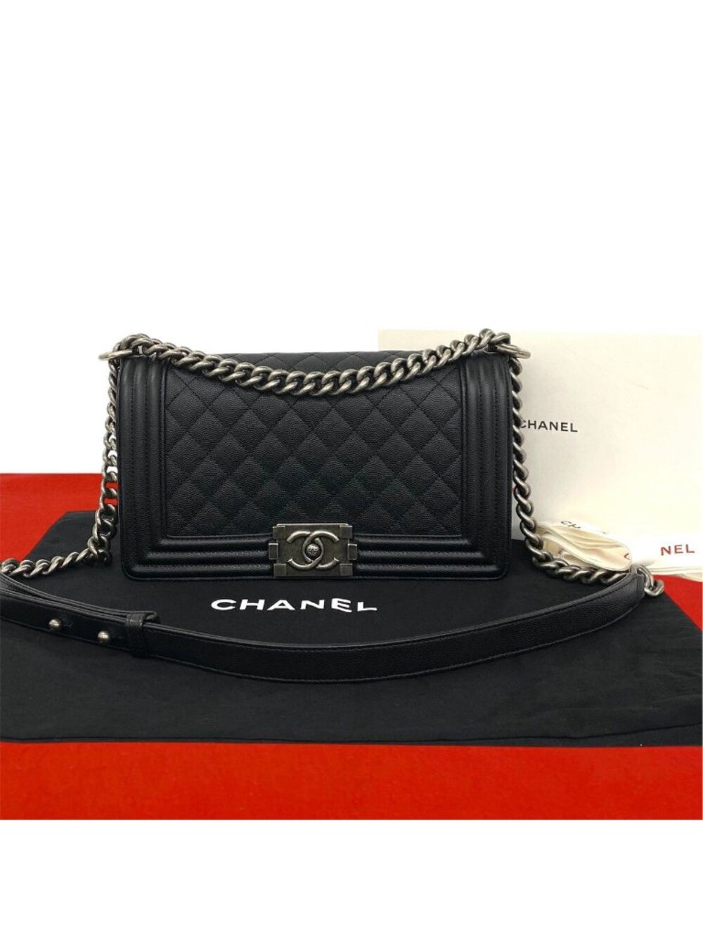 Chanel Boy CC Logo Caviar Leather Chain Shoulder Bag Black